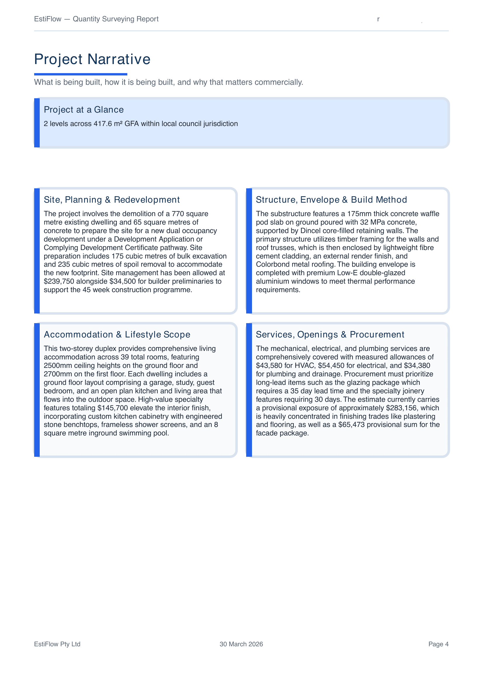 Project narrative with four commercial sections