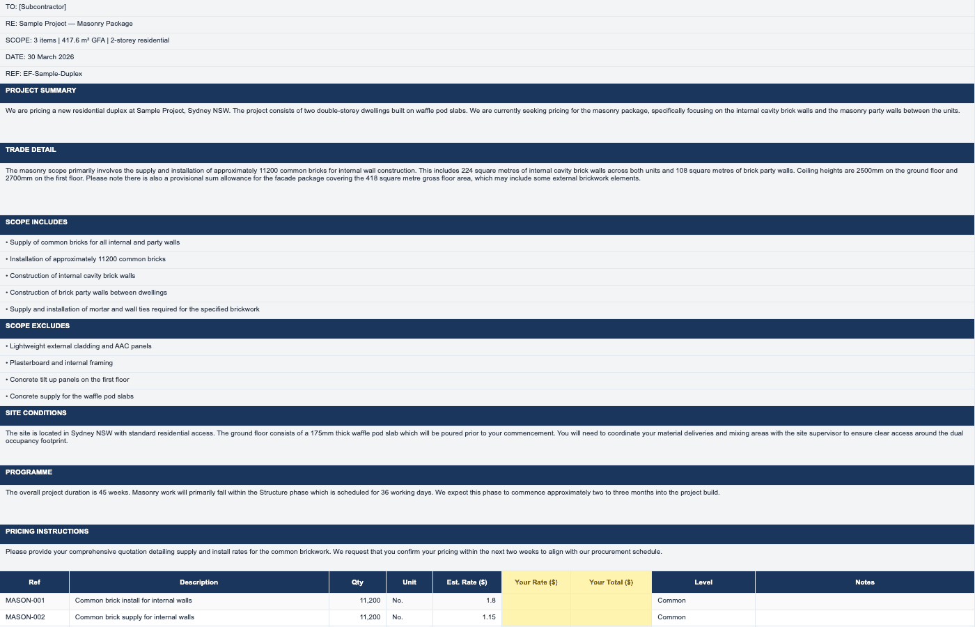 Subcontractor pricing pack with scope brief and BOQ table