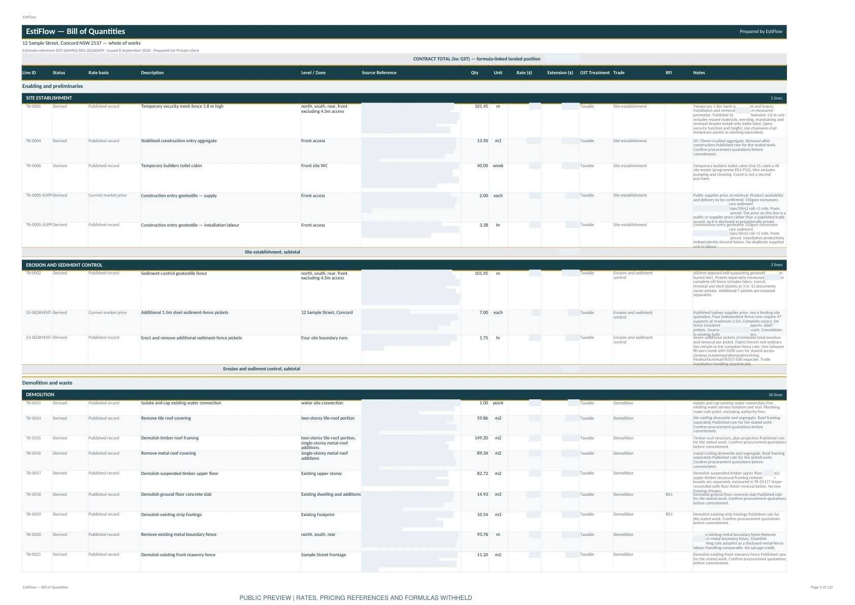 Costed BOQ workbook — qty, unit, rate and total on every line