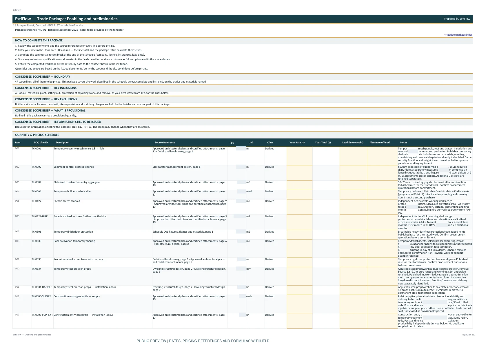 Subcontractor pricing pack — ready-to-send trade package with scope brief and rate-input columns