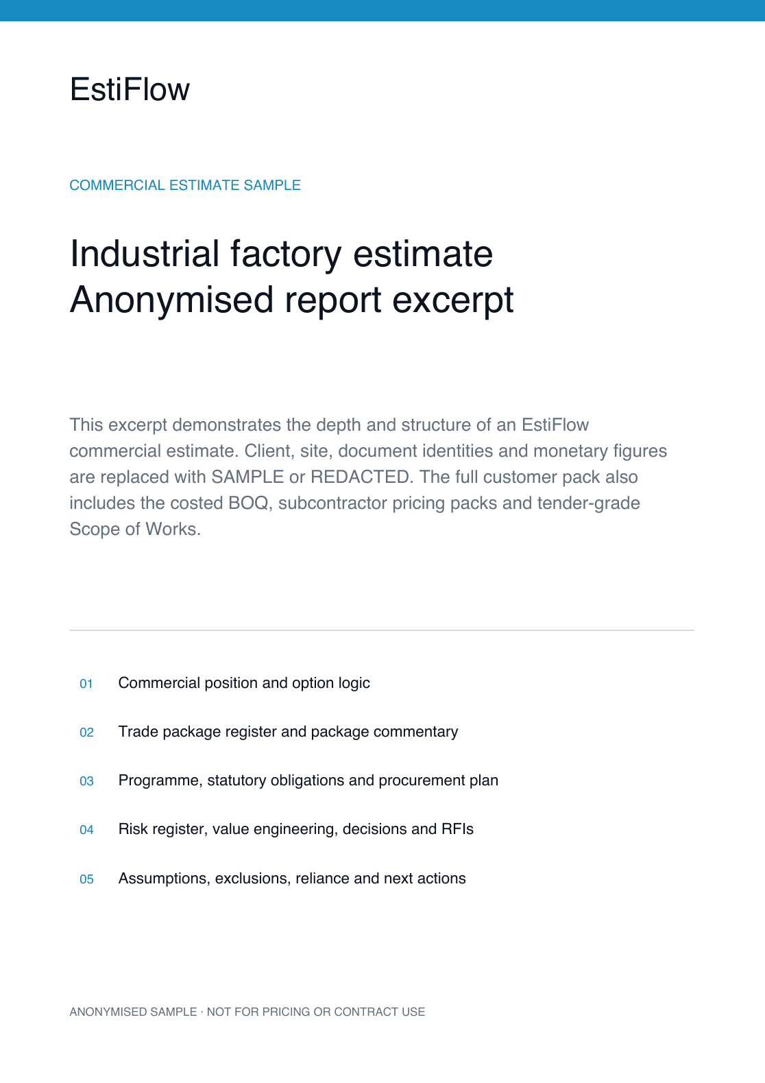 EstiFlow anonymised commercial estimate sample cover