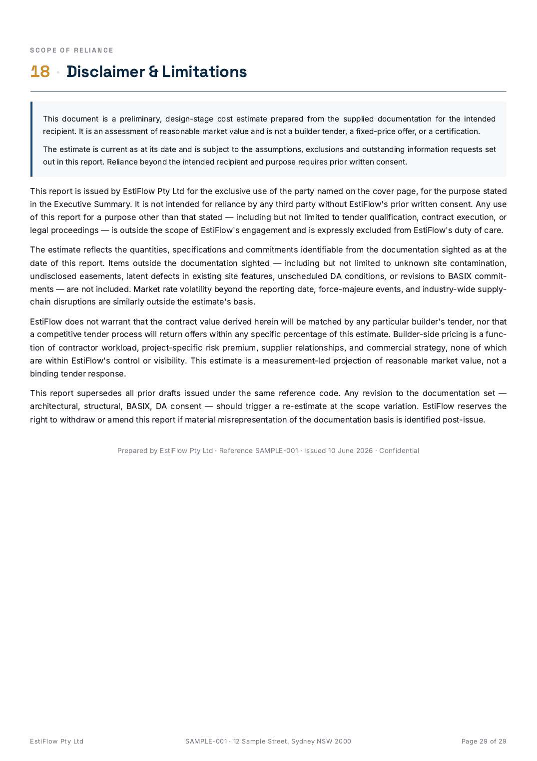 Sample Cost Estimate Report — page 29 of 29