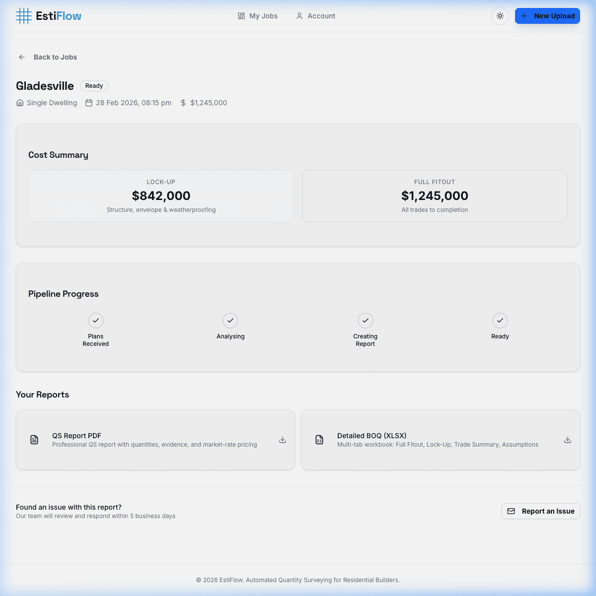 EstiFlow interactive dashboard — edit rates, adjust margin, download deliverables