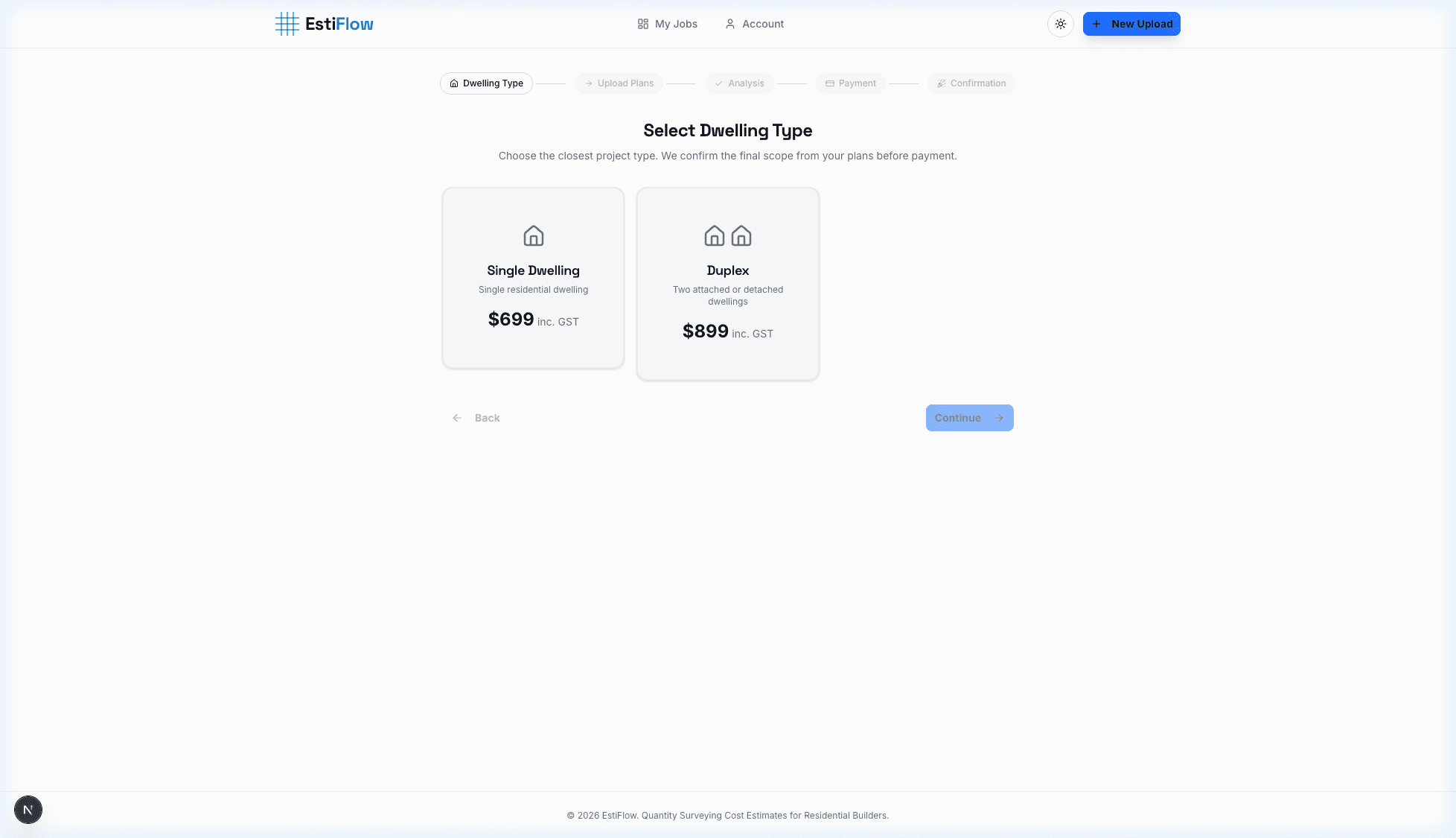 EstiFlow upload page — drop your DA-stage plans