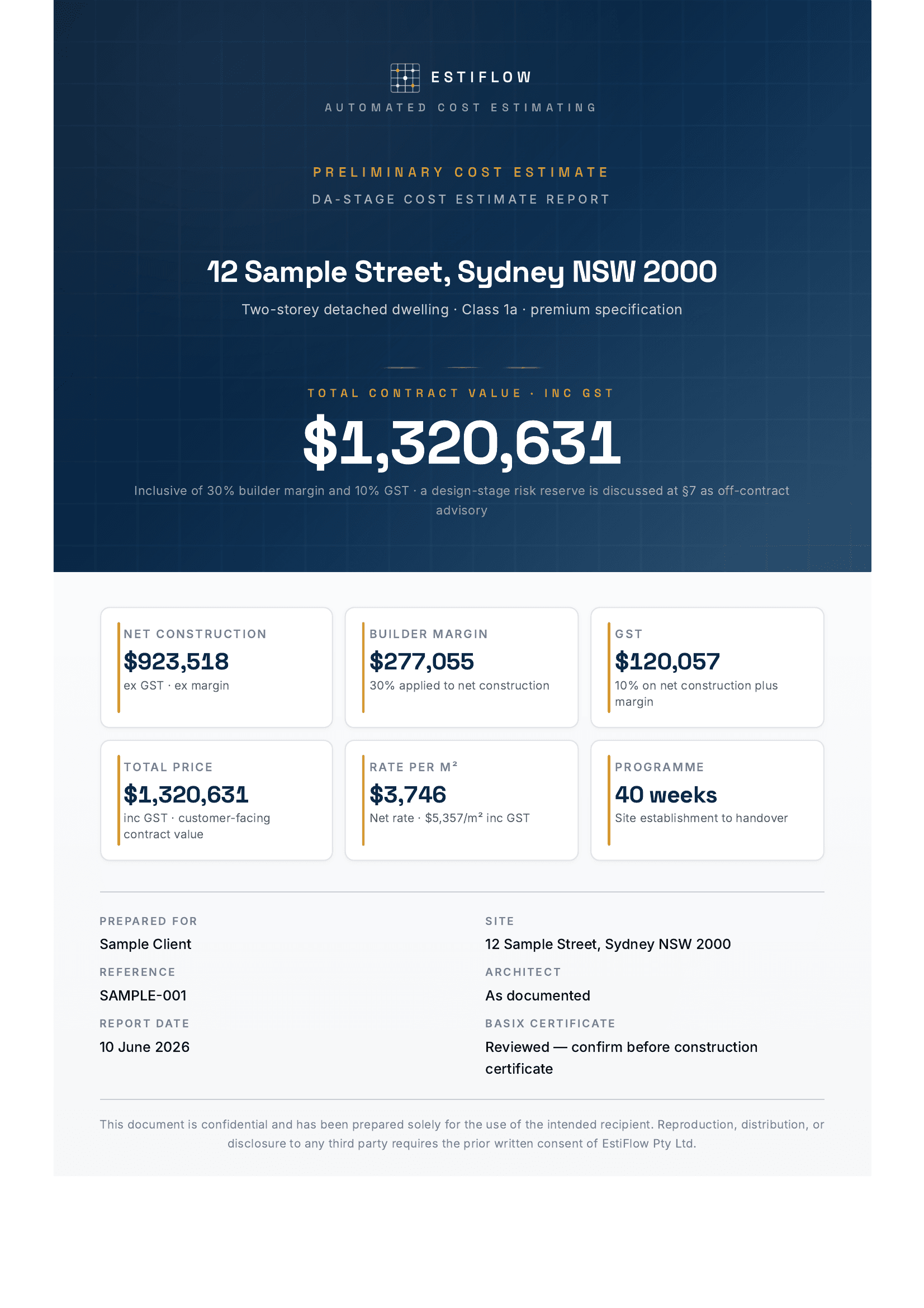 EstiFlow Cost Estimate Report — sample project cover