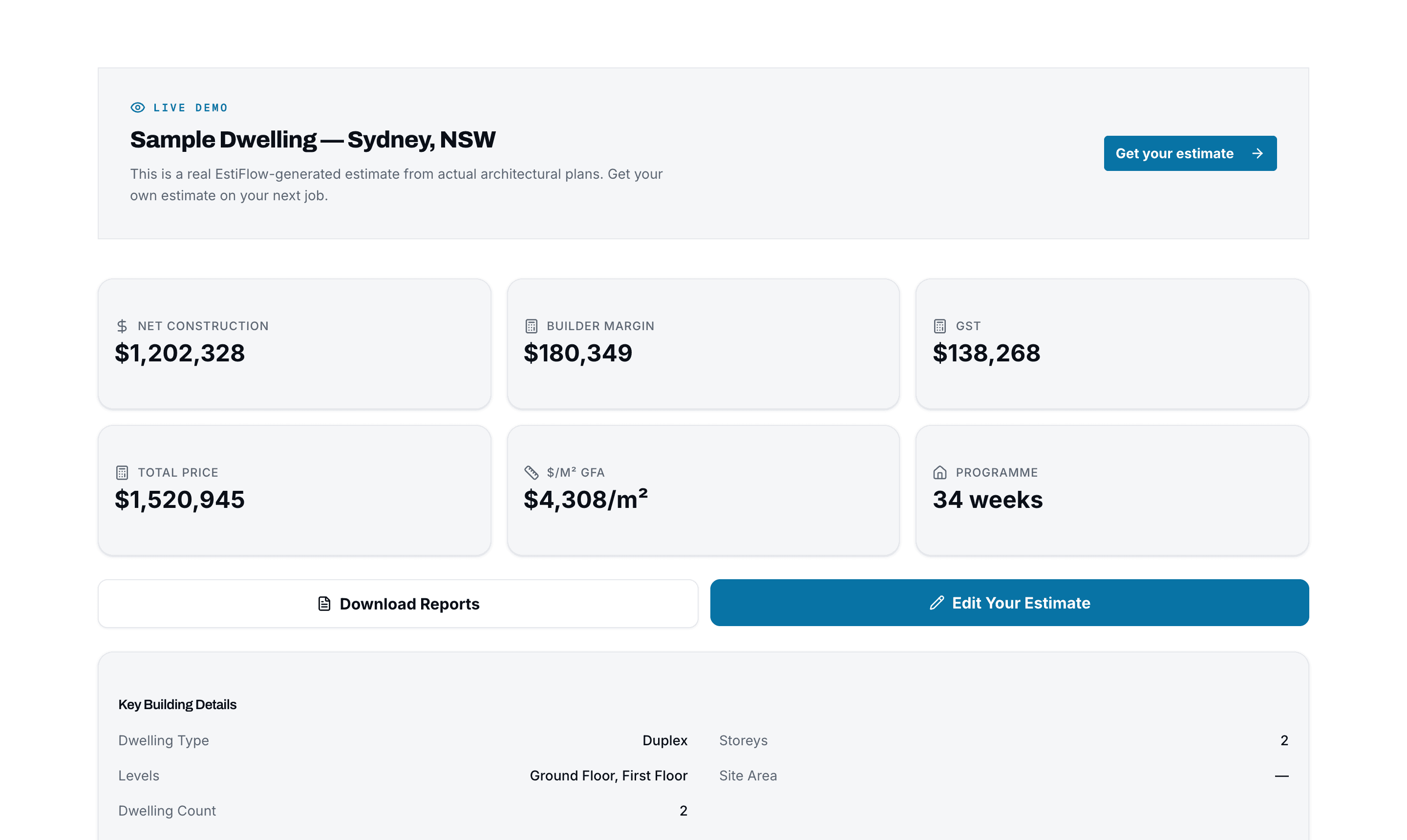 EstiFlow interactive dashboard inside a completed sample job
