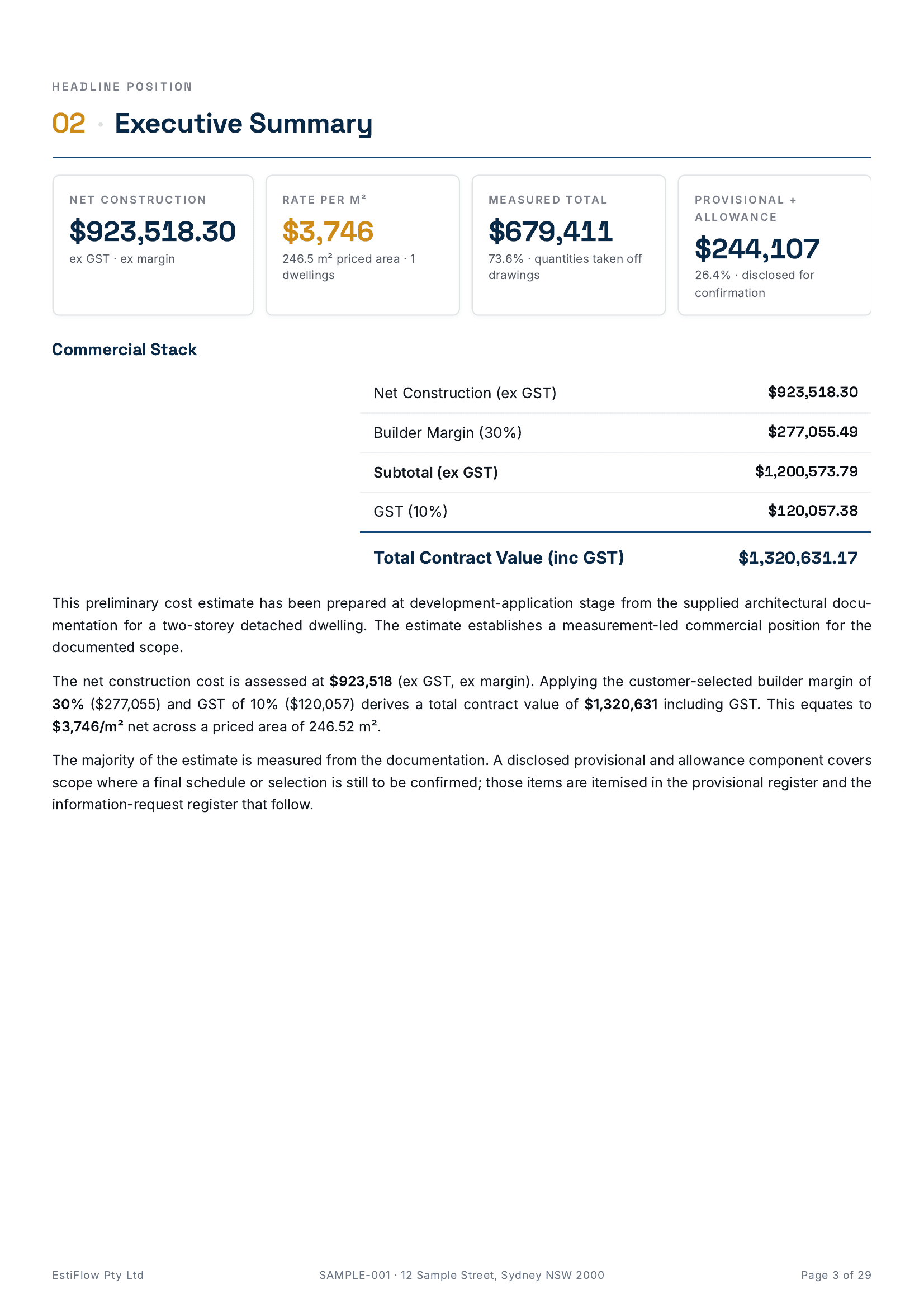 EstiFlow report commercial snapshot — measured, provisional and allowance split