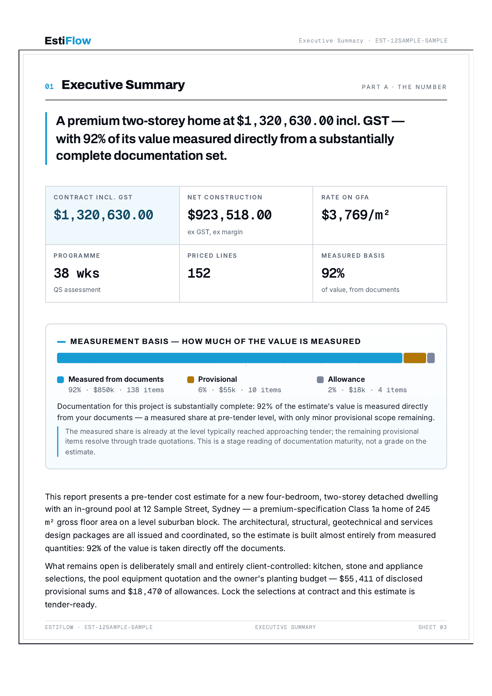 EstiFlow report commercial snapshot — measured, provisional and allowance split