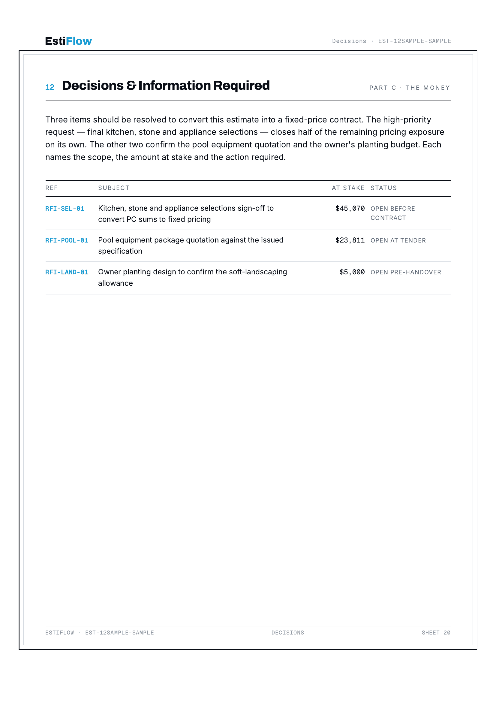 EstiFlow decisions-before-tender register from the Cost Estimate Report