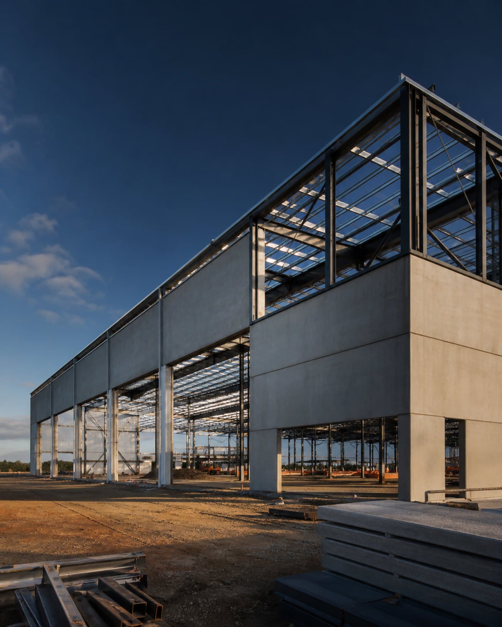 Steel-frame industrial construction in progress